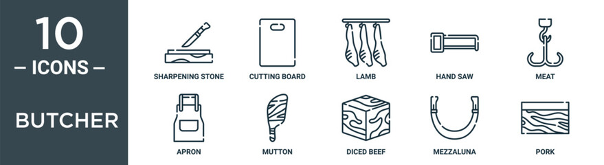 butcher outline icon set includes thin line sharpening stone, cutting board, lamb, hand saw, meat, apron, mutton icons for report, presentation, diagram, web design