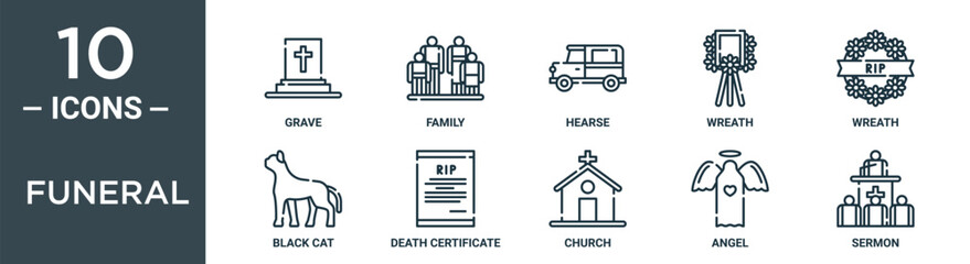 funeral outline icon set includes thin line grave, family, hearse, wreath, wreath, black cat, death certificate icons for report, presentation, diagram, web design