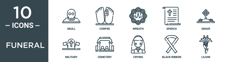 funeral outline icon set includes thin line skull, corpse, wreath, speech, grave, military, cemetery icons for report, presentation, diagram, web design