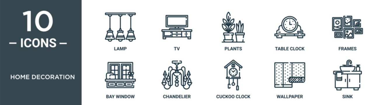 home decoration outline icon set includes thin line lamp, tv, plants, table clock, frames, bay window, chandelier icons for report, presentation, diagram, web design