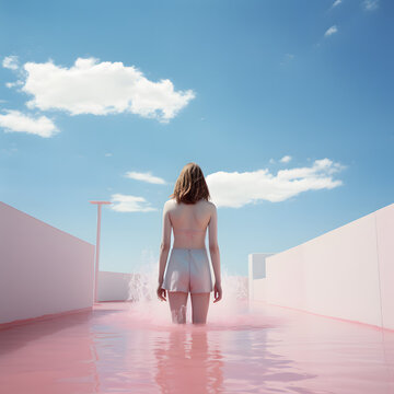 woman looking at the sky, standing alone, summer vibes, pastel pink
