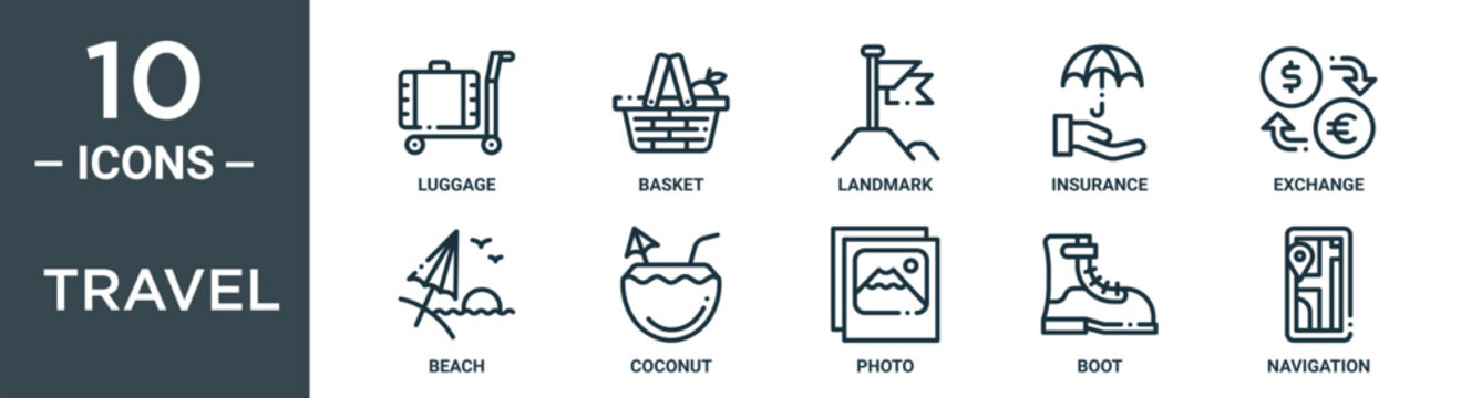 travel outline icon set includes thin line luggage, basket, landmark, insurance, exchange, beach, coconut icons for report, presentation, diagram, web design