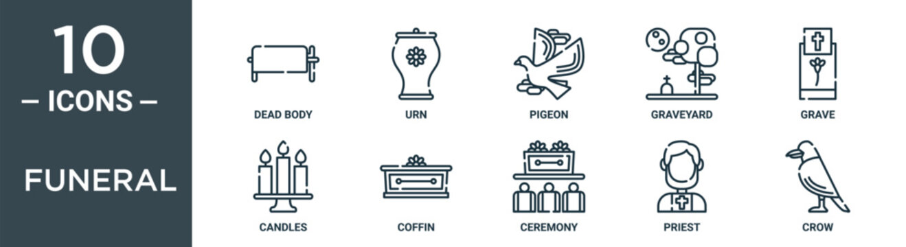 funeral outline icon set includes thin line dead body, urn, pigeon, graveyard, grave, candles, coffin icons for report, presentation, diagram, web design