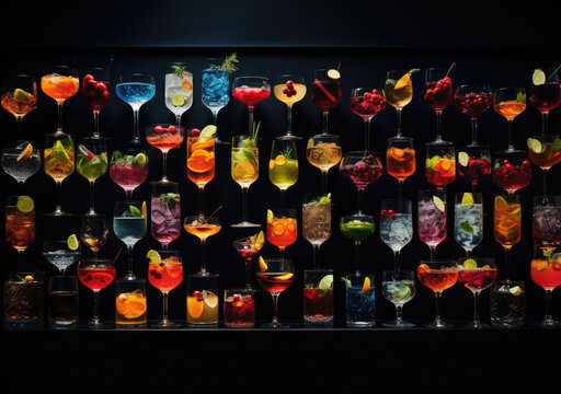 Dark Paradise: Exquisite Wall of Cocktail Drinks with Garnish and Ice, Featuring Elaborate Fruit Arrangements. Generative AI