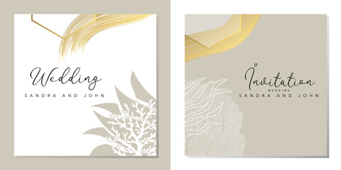 2 cartes d’invitation pour un mariage, élégante, graphique sur le thème de l’océan, couleur beige, or et blanc.