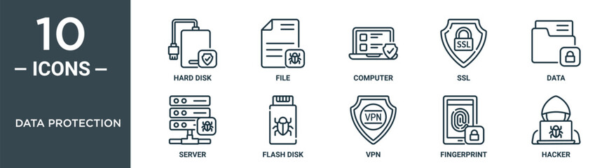 data protection outline icon set includes thin line hard disk, file, computer, ssl, data, server, flash disk icons for report, presentation, diagram, web design