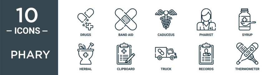 phary outline icon set includes thin line drugs, band aid, caduceus, pharist, syrup, herbal, clipboard icons for report, presentation, diagram, web design