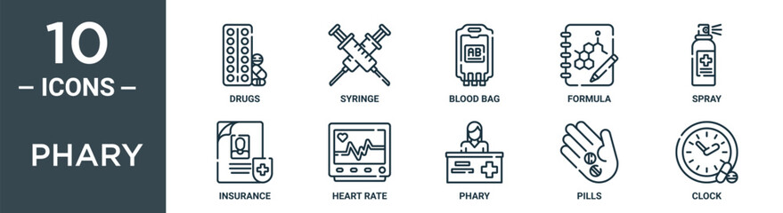 phary outline icon set includes thin line drugs, syringe, blood bag, formula, spray, insurance, heart rate icons for report, presentation, diagram, web design