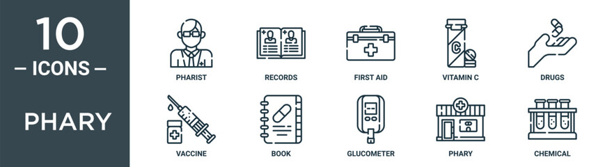 phary outline icon set includes thin line pharist, records, first aid, vitamin c, drugs, vaccine, book icons for report, presentation, diagram, web design