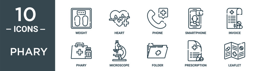 phary outline icon set includes thin line weight, heart, phone, smartphone, invoice, phary, microscope icons for report, presentation, diagram, web design