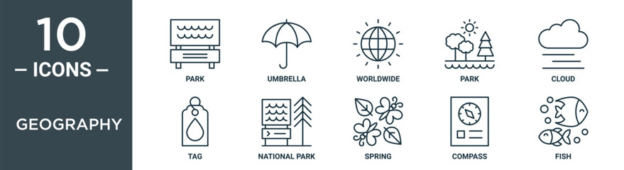 geography outline icon set includes thin line park, umbrella, worldwide, park, cloud, tag, national park icons for report, presentation, diagram, web design