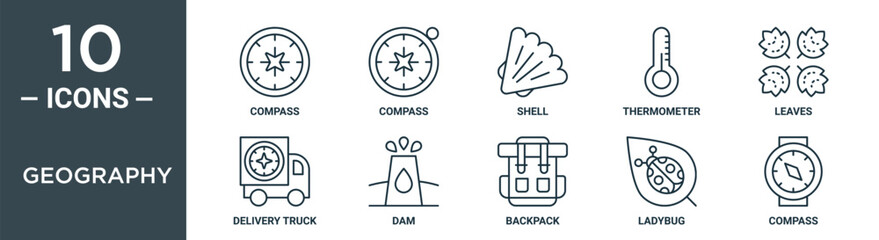 geography outline icon set includes thin line compass, compass, shell, thermometer, leaves, delivery truck, dam icons for report, presentation, diagram, web design
