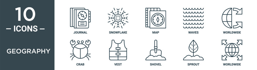 geography outline icon set includes thin line journal, snowflake, map, waves, worldwide, crab, vest icons for report, presentation, diagram, web design