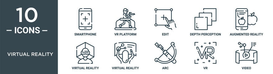 virtual reality outline icon set includes thin line smartphone, vr platform, edit, depth perception, augmented reality, virtual reality, virtual icons for report, presentation, diagram, web design