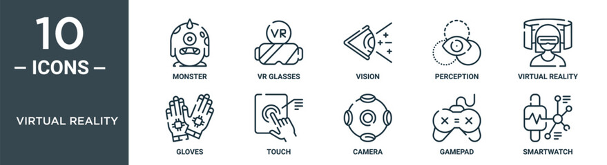 virtual reality outline icon set includes thin line monster, vr glasses, vision, perception, virtual reality, gloves, touch icons for report, presentation, diagram, web design