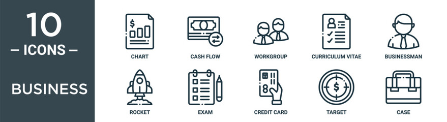 Obraz premium business outline icon set includes thin line chart, cash flow, workgroup, curriculum vitae, businessman, rocket, exam icons for report, presentation, diagram, web design