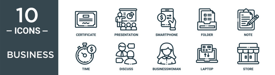 Obraz premium business outline icon set includes thin line certificate, presentation, smartphone, folder, note, time, discuss icons for report, presentation, diagram, web design