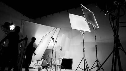 Silhouette of video production behind the scenes or B roll or making of TV commercial movie that...