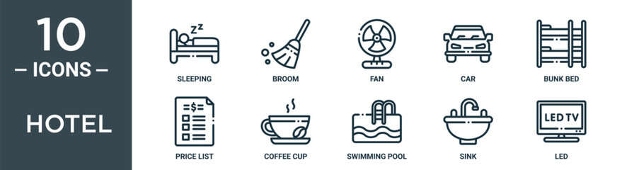 Obraz premium hotel outline icon set includes thin line sleeping, broom, fan, car, bunk bed, price list, coffee cup icons for report, presentation, diagram, web design