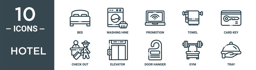 hotel outline icon set includes thin line bed, washing hine, promotion, towel, card key, check out, elevator icons for report, presentation, diagram, web design