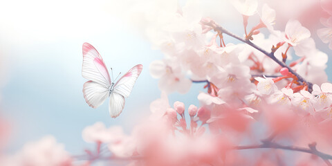 Pink blossoming almond and flying butterfly,  sakura flowers and butterflies, Colorful Butterflies On Cherry Tree stock, generative Ai