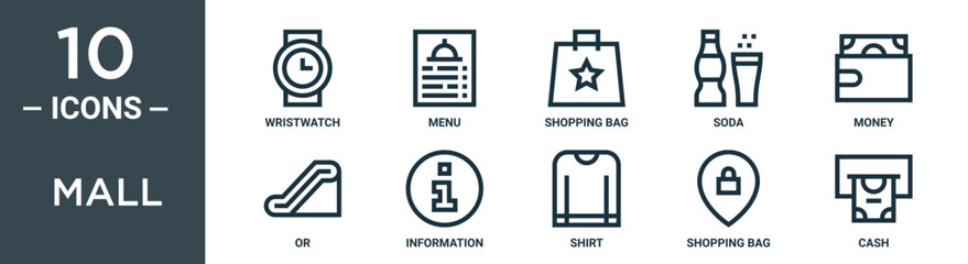 mall outline icon set includes thin line wristwatch, menu, shopping bag, soda, money, or, information icons for report, presentation, diagram, web design