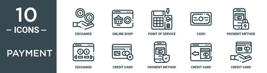payment outline icon set includes thin line exchange, online shop, point of service, cash, payment method, exchange, credit card icons for report, presentation, diagram, web design