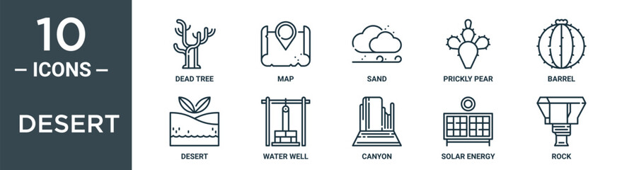 desert outline icon set includes thin line dead tree, map, sand, prickly pear, barrel, desert, water well icons for report, presentation, diagram, web design