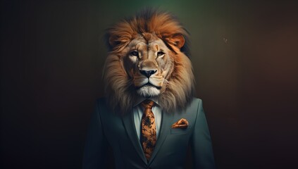 Portrait of business man with lion head in suit in the style of photorealistic surrealism created  with Generative AI technology
