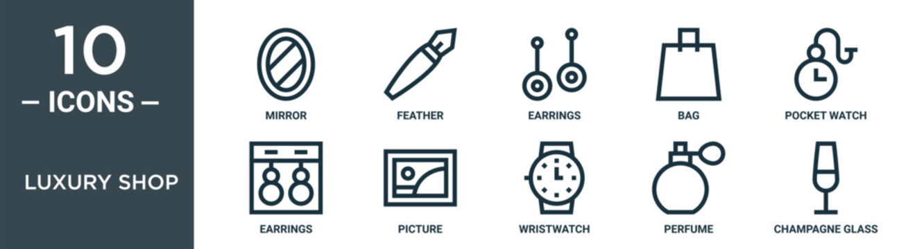 luxury shop outline icon set includes thin line mirror, feather, earrings, bag, pocket watch, earrings, picture icons for report, presentation, diagram, web design