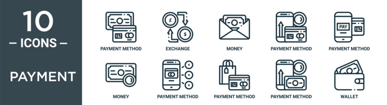 payment outline icon set includes thin line payment method, exchange, money, payment method, method, money, icons for report, presentation, diagram, web design