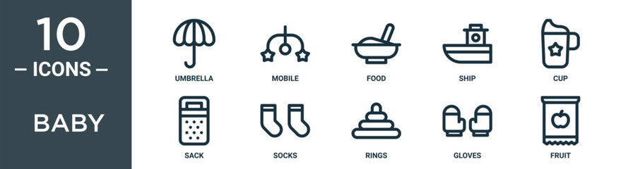 baby outline icon set includes thin line umbrella, mobile, food, ship, cup, sack, socks icons for report, presentation, diagram, web design