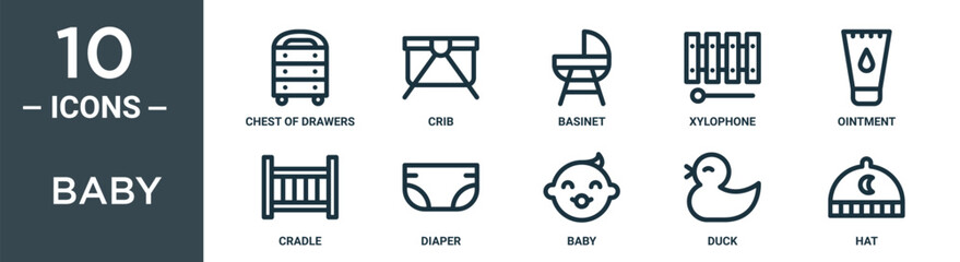 baby outline icon set includes thin line chest of drawers, crib, basinet, xylophone, ointment, cradle, diaper icons for report, presentation, diagram, web design - obrazy, fototapety, plakaty