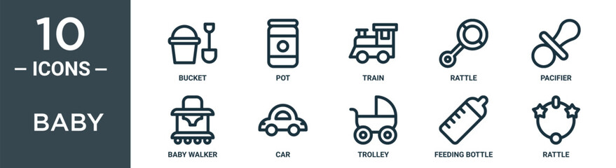 baby outline icon set includes thin line bucket, pot, train, rattle, pacifier, baby walker, car icons for report, presentation, diagram, web design