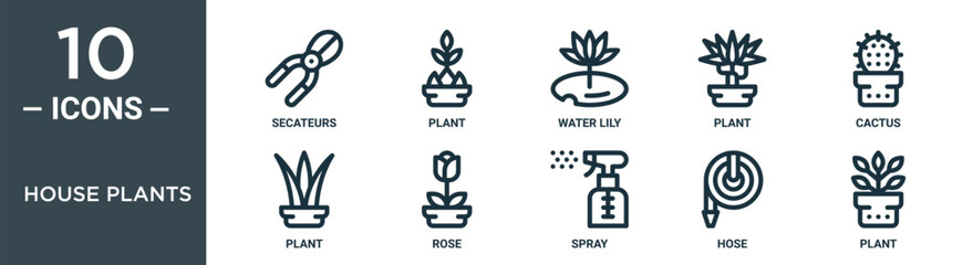 house plants outline icon set includes thin line secateurs, plant, water lily, plant, cactus, plant, rose icons for report, presentation, diagram, web design