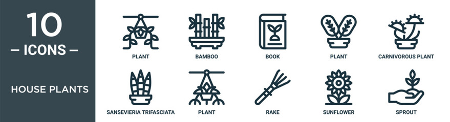 house plants outline icon set includes thin line plant, bamboo, book, plant, carnivorous plant, sansevieria trifasciata, icons for report, presentation, diagram, web design © MacroOne