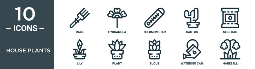 house plants outline icon set includes thin line rake, hydrangea, thermometer, cactus, seed bag, lily, plant icons for report, presentation, diagram, web design