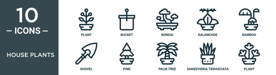 house plants outline icon set includes thin line plant, bucket, bonsai, kalanchoe, bamboo, shovel, pine icons for report, presentation, diagram, web design
