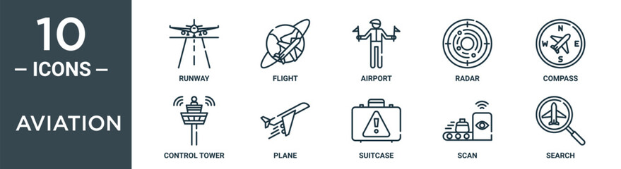 aviation outline icon set includes thin line runway, flight, airport, radar, compass, control tower, plane icons for report, presentation, diagram, web design