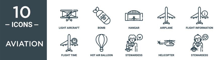 aviation outline icon set includes thin line light aircraft, bomb, hangar, airplane, flight information, flight time, hot air balloon icons for report, presentation, diagram, web design