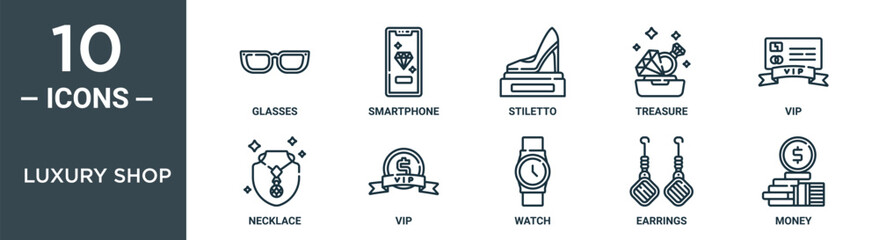luxury shop outline icon set includes thin line glasses, smartphone, stiletto, treasure, vip, necklace, vip icons for report, presentation, diagram, web design