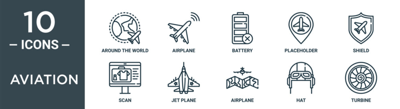 aviation outline icon set includes thin line around the world, airplane, battery, placeholder, shield, scan, jet plane icons for report, presentation, diagram, web design