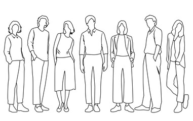 Vector silhouettes of  men and a women, a group of standing  business people,  linear sketch, black and white color isolated on white background