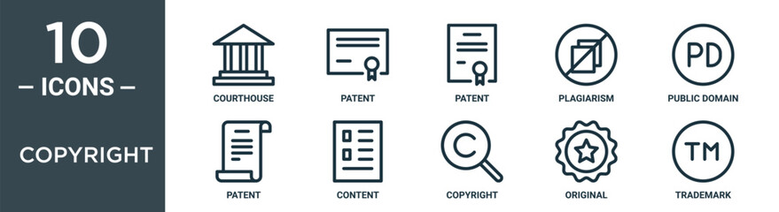 copyright outline icon set includes thin line courthouse, patent, patent, plagiarism, public domain, patent, content icons for report, presentation, diagram, web design