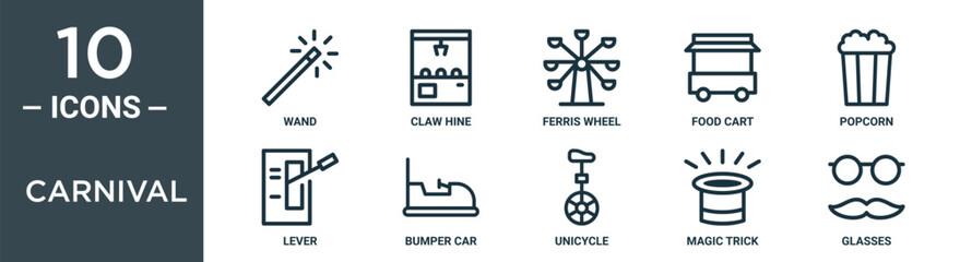 Obraz premium carnival outline icon set includes thin line wand, claw hine, ferris wheel, food cart, popcorn, lever, bumper car icons for report, presentation, diagram, web design