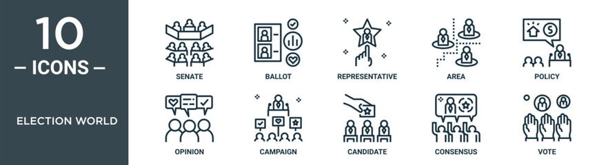 Obraz premium election world outline icon set includes thin line senate, ballot, representative, area, policy, opinion, campaign icons for report, presentation, diagram, web design