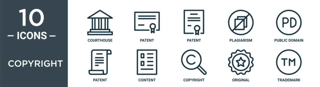 copyright outline icon set includes thin line courthouse, patent, patent, plagiarism, public domain, patent, content icons for report, presentation, diagram, web design