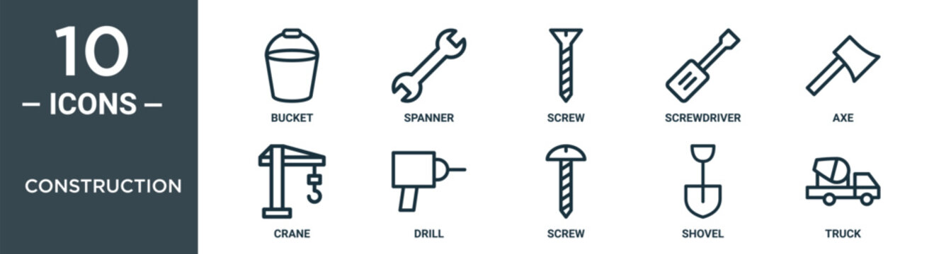 construction outline icon set includes thin line bucket, spanner, screw, screwdriver, axe, crane, drill icons for report, presentation, diagram, web design