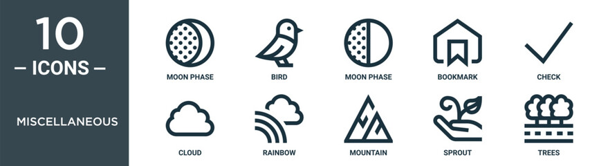 miscellaneous outline icon set includes thin line moon phase, bird, moon phase, bookmark, check, cloud, rainbow icons for report, presentation, diagram, web design