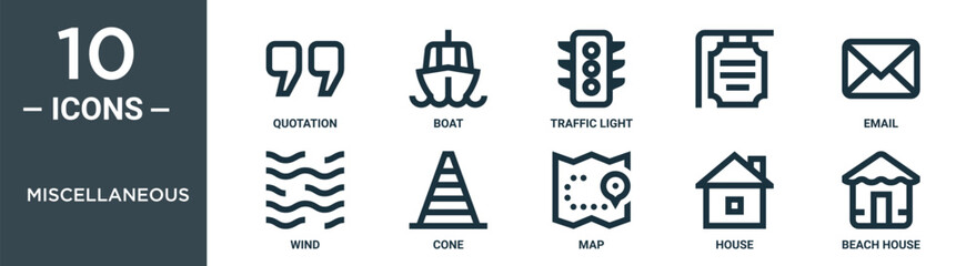 miscellaneous outline icon set includes thin line quotation, boat, traffic light, , email, wind, cone icons for report, presentation, diagram, web design